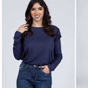 WHITE BIRCH Navy Long-Sleeve Ruffle Shoulder Tee Stretchy Plus Size NWOT